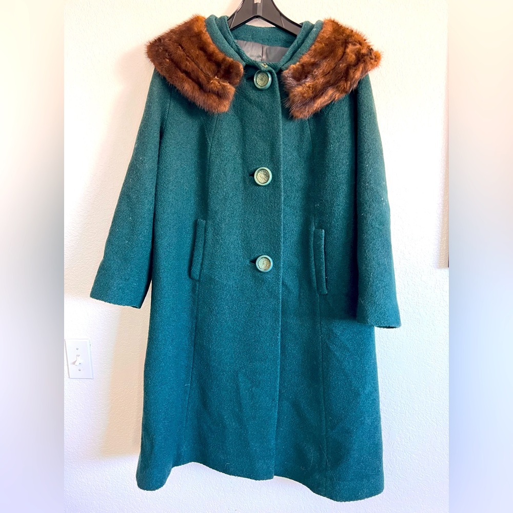 Vintage 1920’s Teal Wool Coat with Real Fur Collar